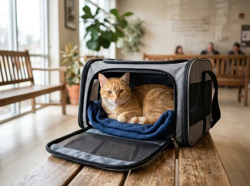 Um gato a descansar na transportadora, à espera com calma