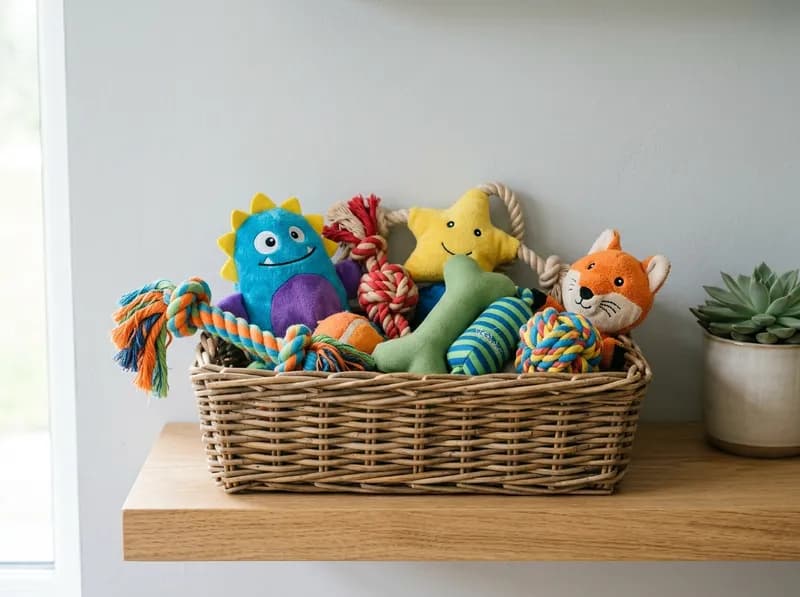 Um cesto de brinquedos coloridos para cão