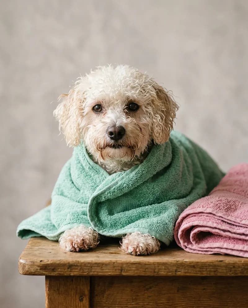 Um cão pequeno enrolado numa toalha macia depois do banho